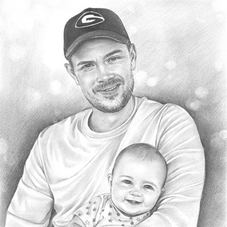 Hand Drawn Pencil Sketch of A Dad with His little Cute Baby Smiling,by myDaVinci - myDaVinci